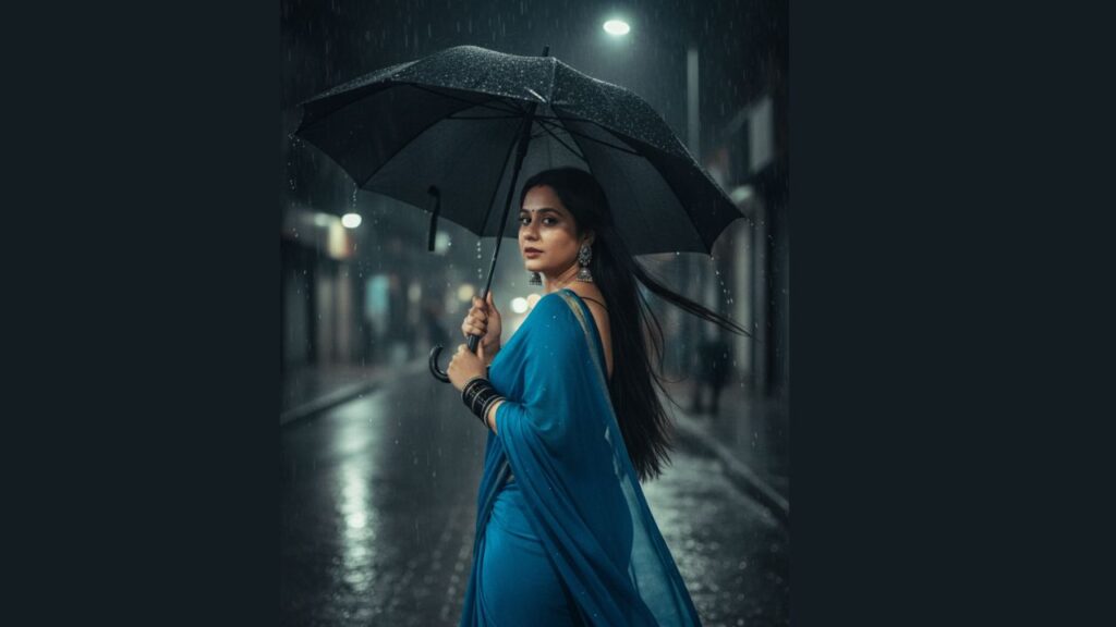 Blue Saree raining with an umbrella Prompt