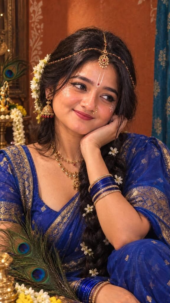 Ultra-realistic 4K/8K HD vertical 9:16 portrait of a beautiful young Indian woman as a Radha-inspired Krishna devotee. Deep cobalt-blue and gold saree, long thick black braided hair decorated with white flowers, elegant Radha Ashtami makeup, Vaishnav tilak, delicate face art, gold maang tikka, mathapatti, jhumkas, nath and layered jewelry. Add multiple traditional glass bangles on both hands/wrists, with realistic reflections. She rests her cheek gently on one hand and gazes softly to the side. Peacock feathers in the foreground, warm terracotta-and-teal devotional background, soft golden cinematic lighting, shallow depth of field, natural skin texture, realistic hands, sharp eyes and jewelry, crystal-clear 4K HD quality, photorealistic, not AI-looking.